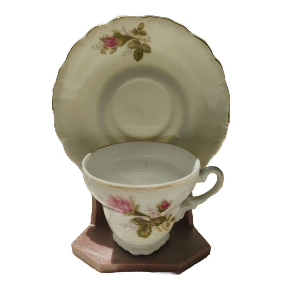 Rose And Gold Trimmed Mini Demitasse Cup And Saucer